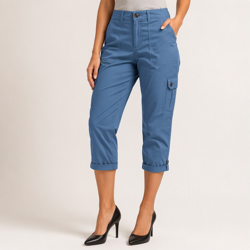 Rosalind | Womens Elastic Waist Pocket Cargo Pants Cropped Trousers, Blue