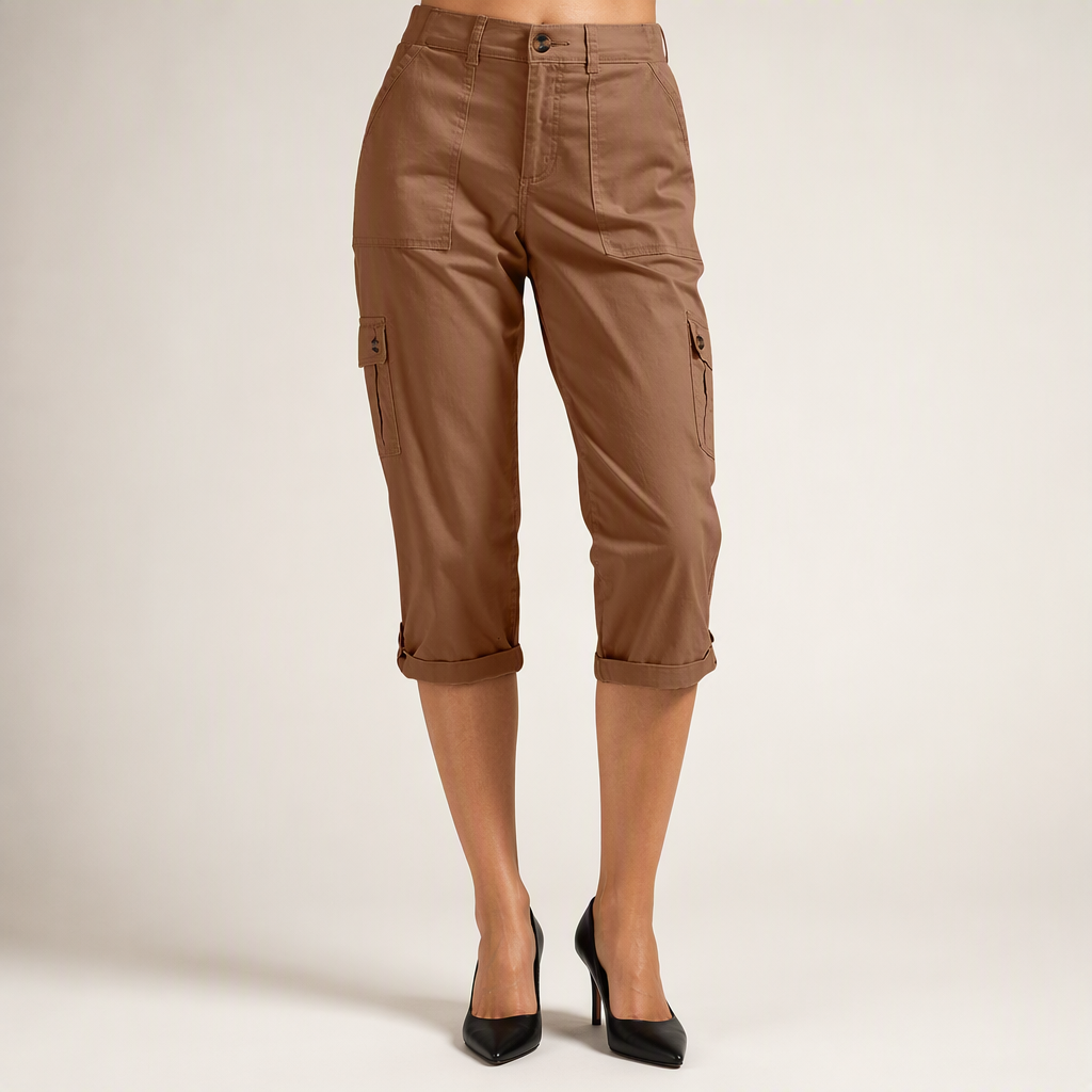 Rosalind | Womens Elastic Waist Pocket Cargo Pants Cropped Trousers, Brown