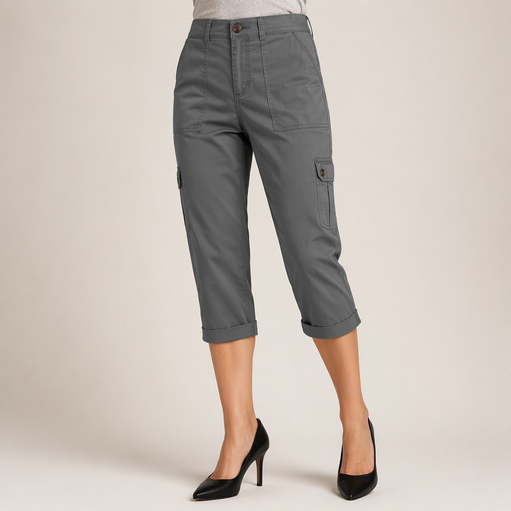 Rosalind | Womens Elastic Waist Pocket Cargo Pants Cropped Trousers, Dark Grey