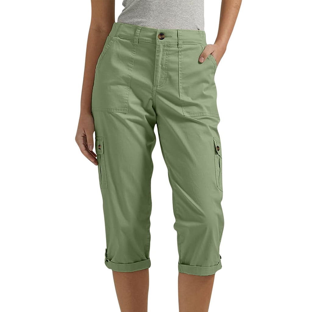Rosalind | Womens Elastic Waist Pocket Cargo Pants Cropped Trousers - Green