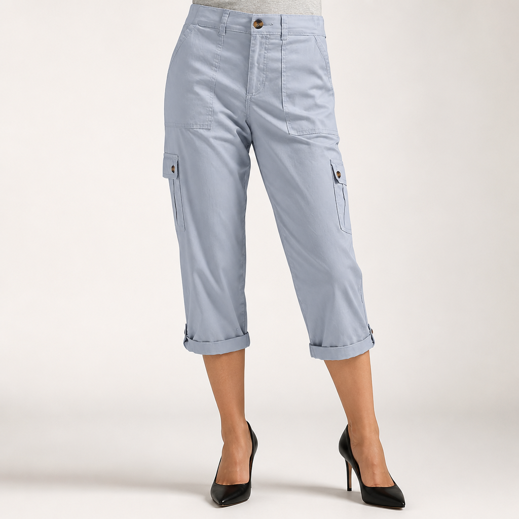 Rosalind | Womens Elastic Waist Pocket Cargo Pants Cropped Trousers, Light Blue