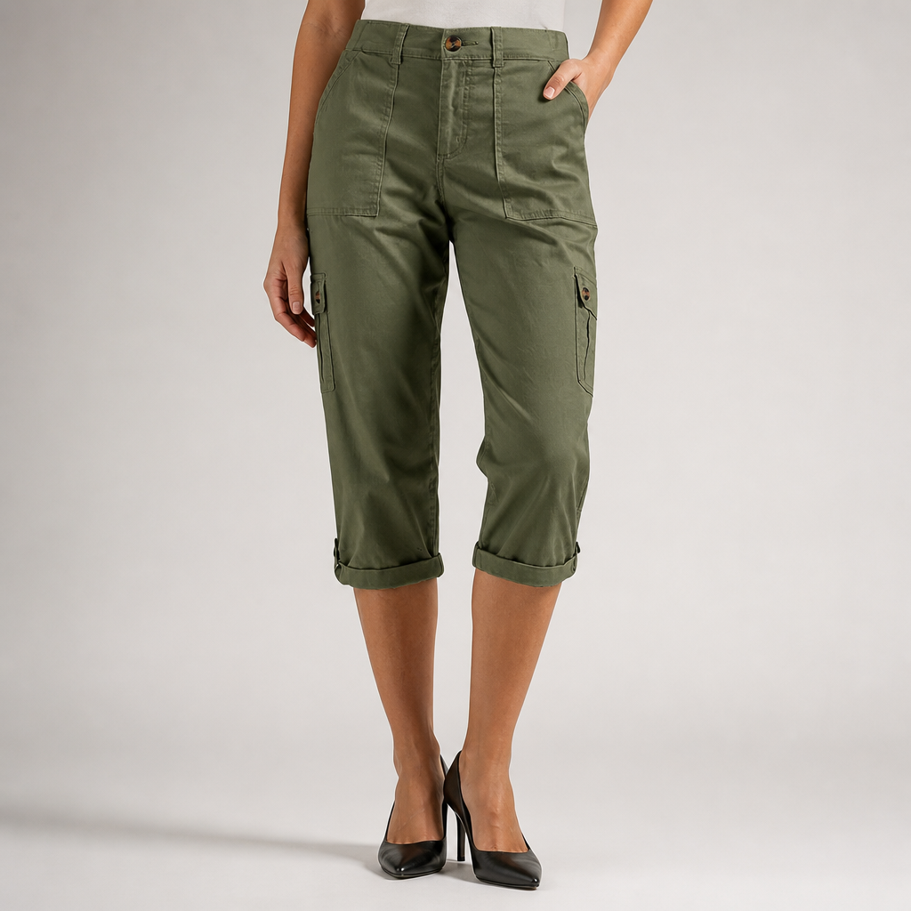 Rosalind | Womens Elastic Waist Pocket Cargo Pants Cropped Trousers, Military Green