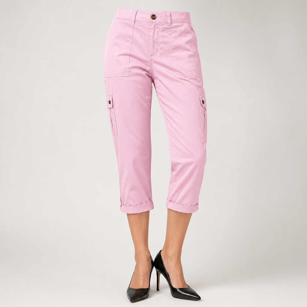 Rosalind | Womens Elastic Waist Pocket Cargo Pants Cropped Trousers, Pink
