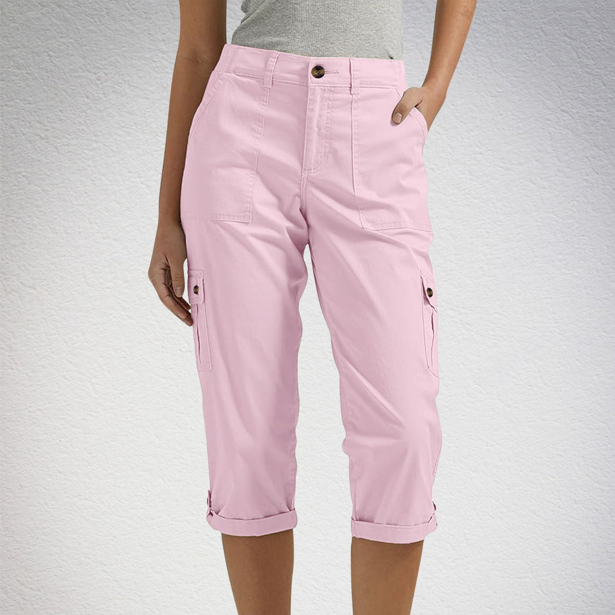 Rosalind | Womens Elastic Waist Pocket Cargo Pants Cropped Trousers - Pink