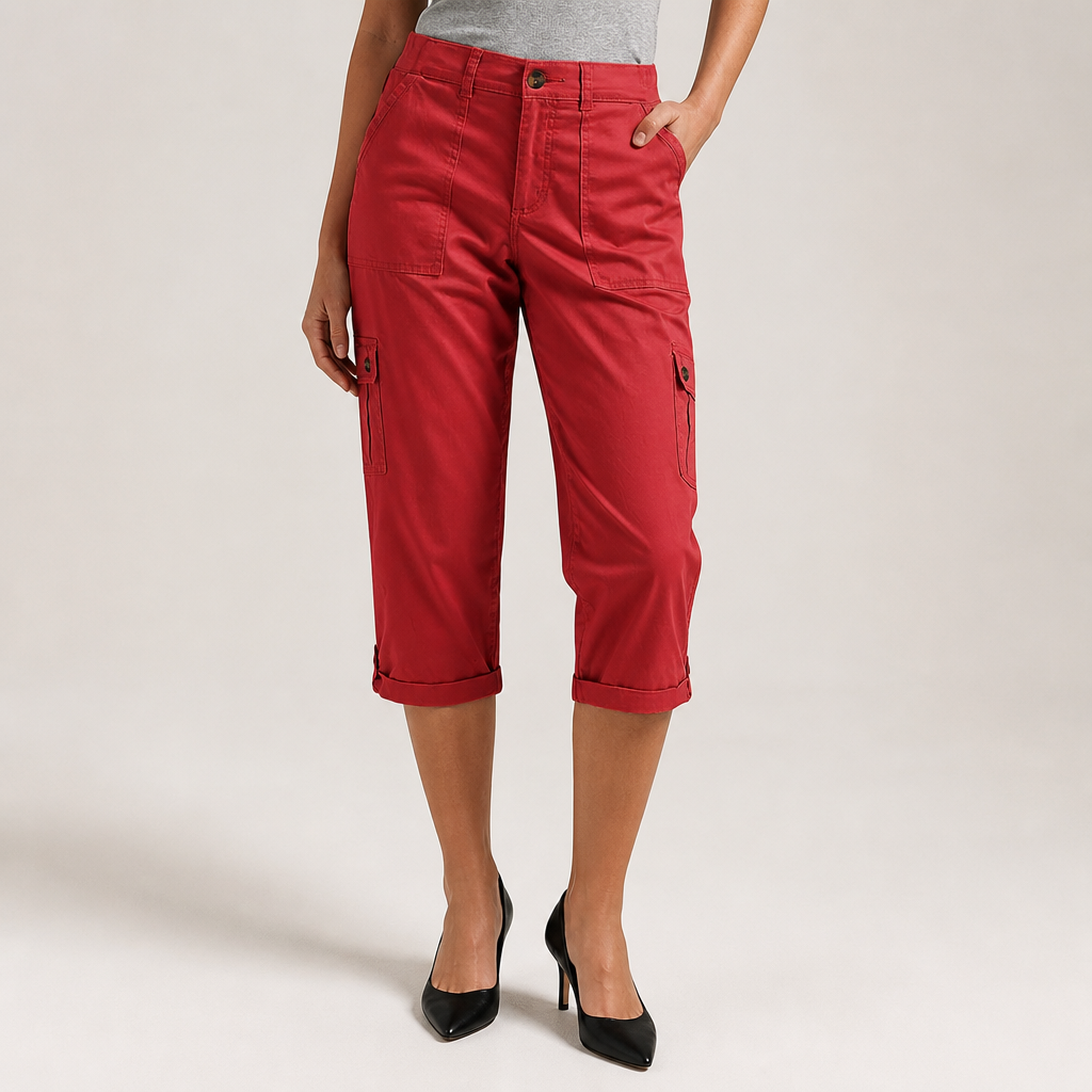 Rosalind | Womens Elastic Waist Pocket Cargo Pants Cropped Trousers, Red