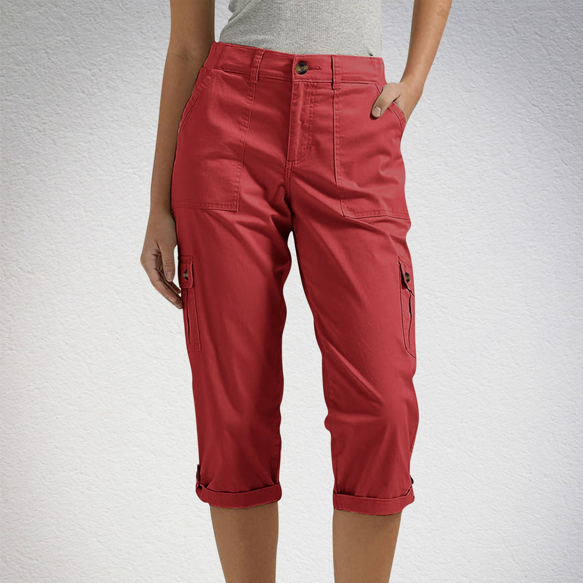 Rosalind | Womens Elastic Waist Pocket Cargo Pants Cropped Trousers - Red