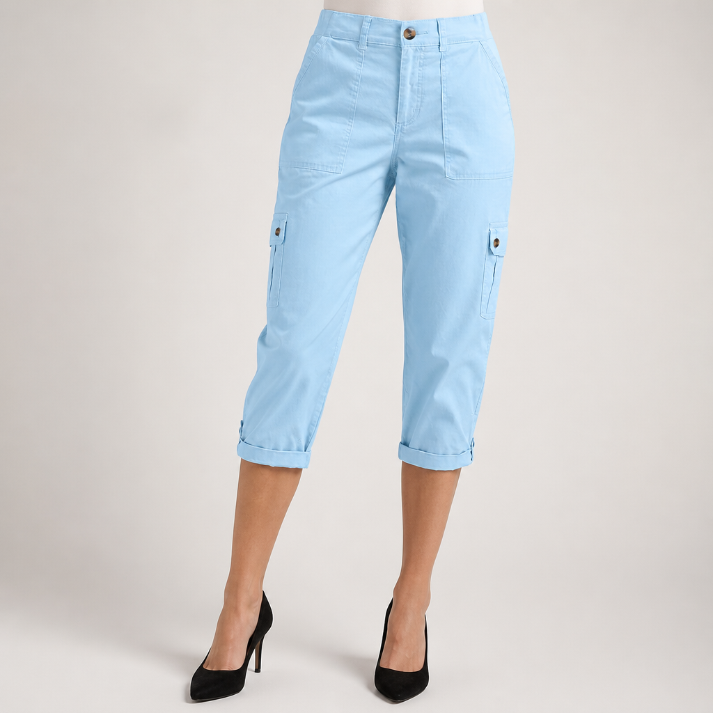 Rosalind | Womens Elastic Waist Pocket Cargo Pants Cropped Trousers, Sky Blue