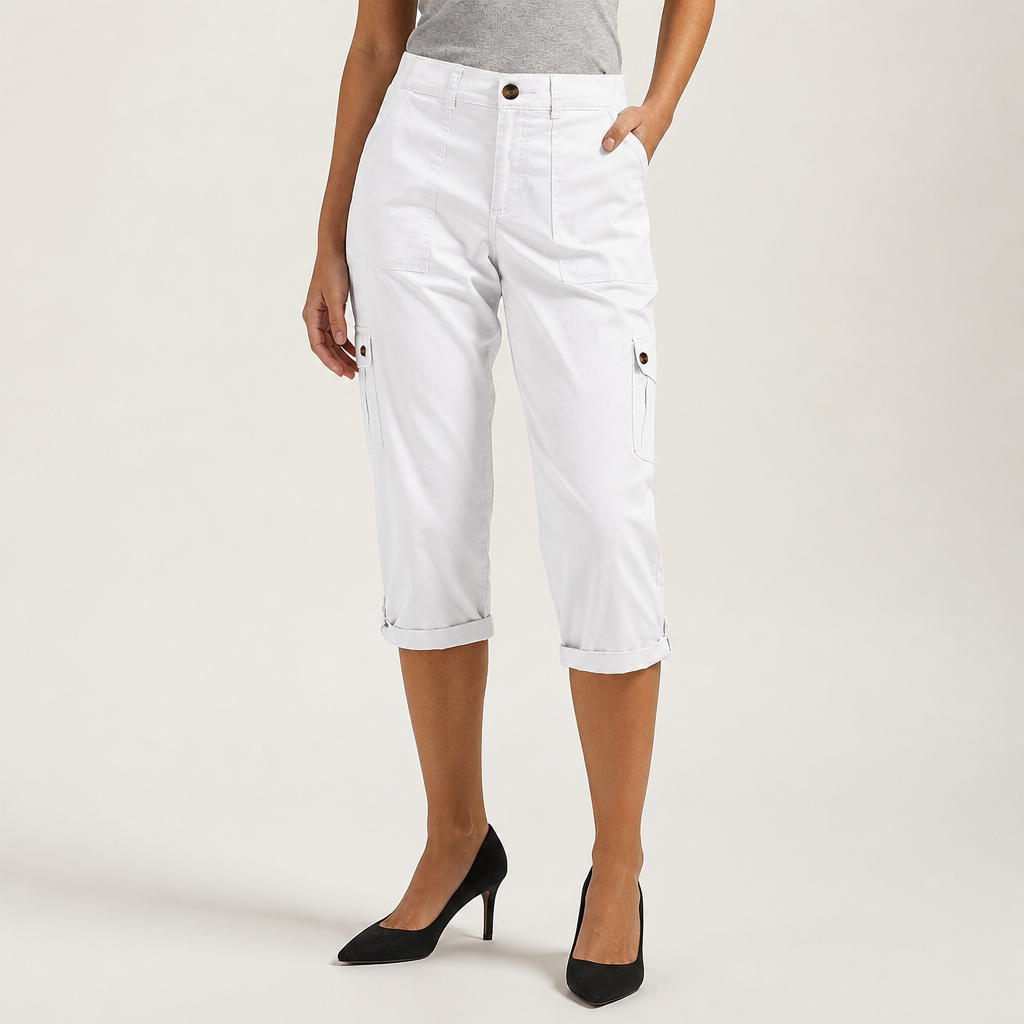Rosalind | Womens Elastic Waist Pocket Cargo Pants Cropped Trousers, White