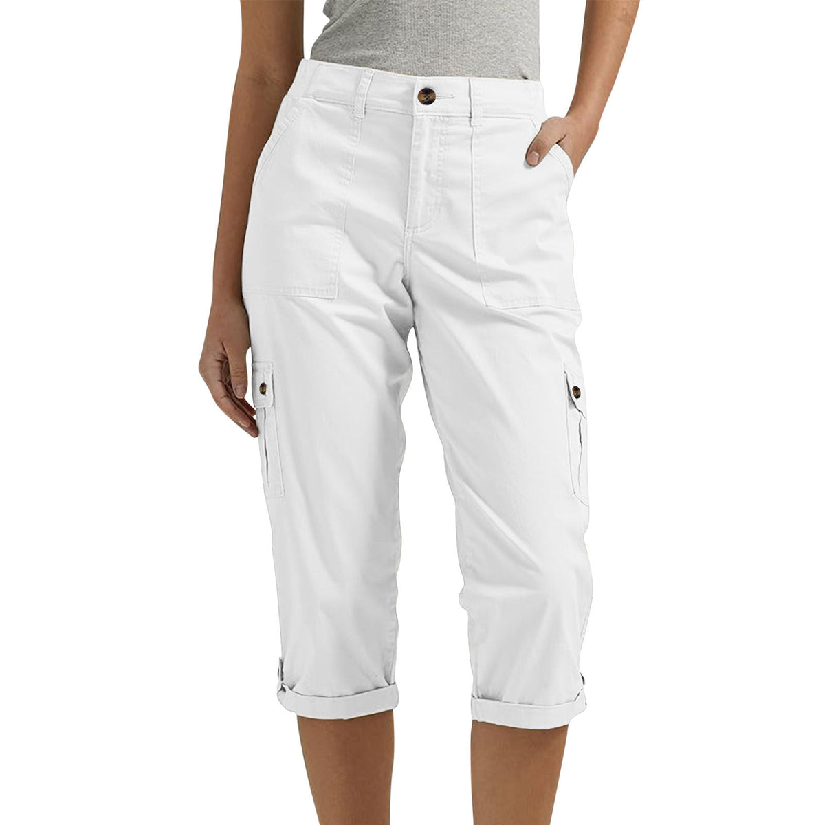 Rosalind | Womens Elastic Waist Pocket Cargo Pants Cropped Trousers - White