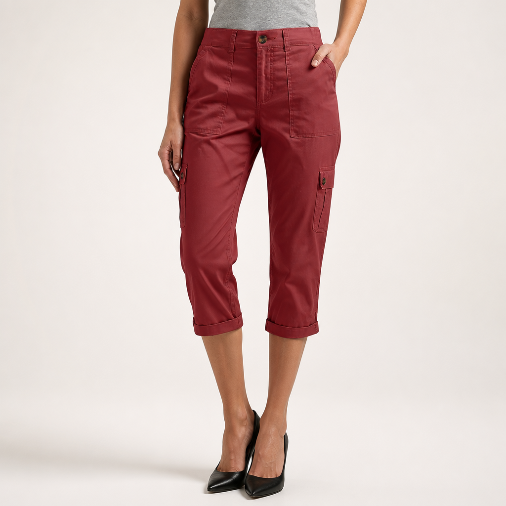 Rosalind | Womens Elastic Waist Pocket Cargo Pants Cropped Trousers, Wine Red