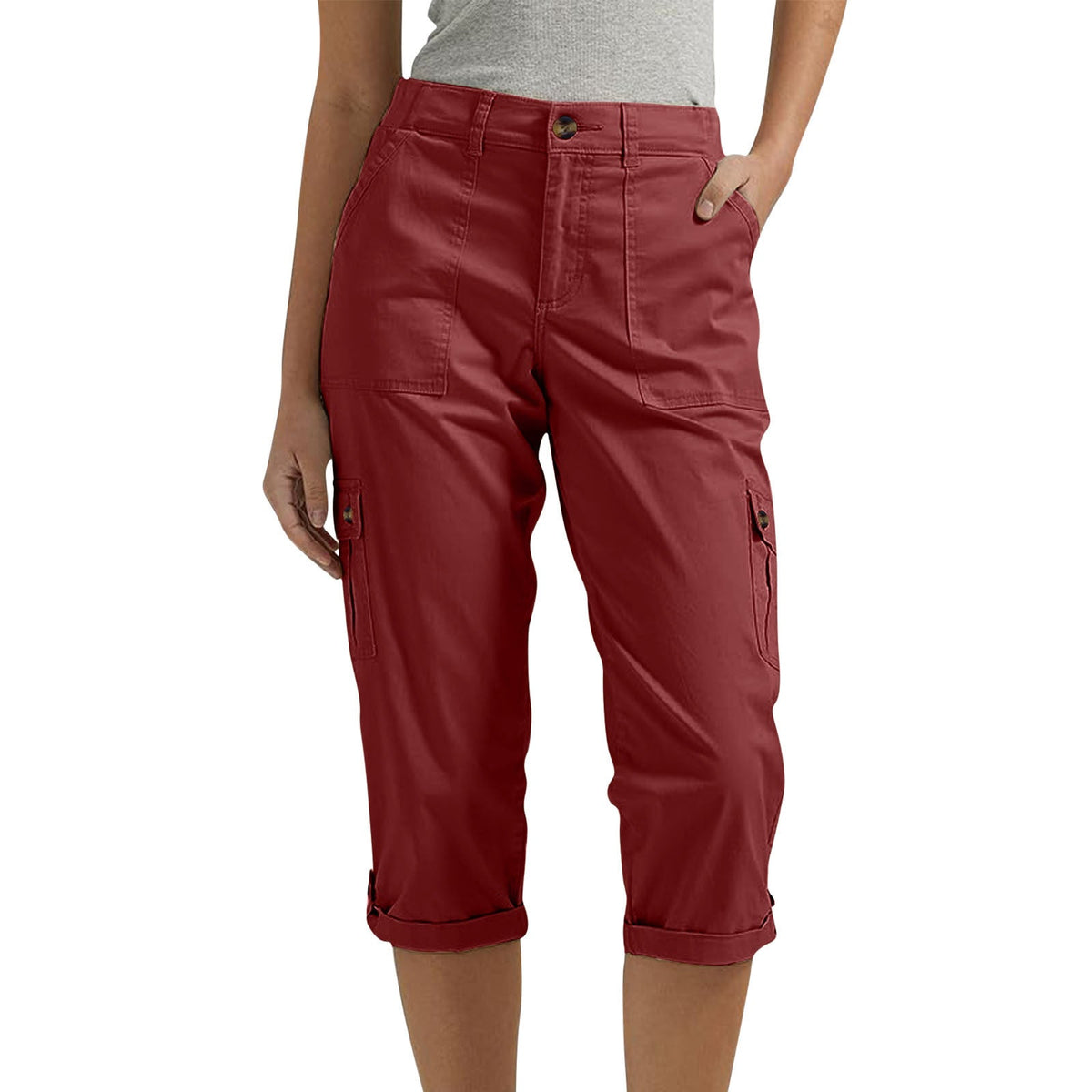 Rosalind | Womens Elastic Waist Pocket Cargo Pants Cropped Trousers - Wine Red