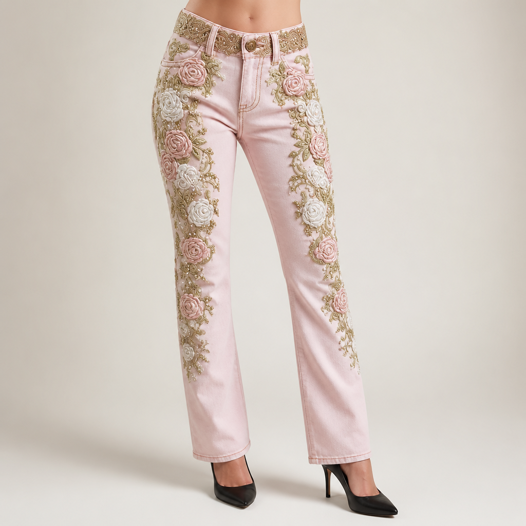 Rosalind | Womens Trousers Faux Denim Embroidered Casual Pants, Pink