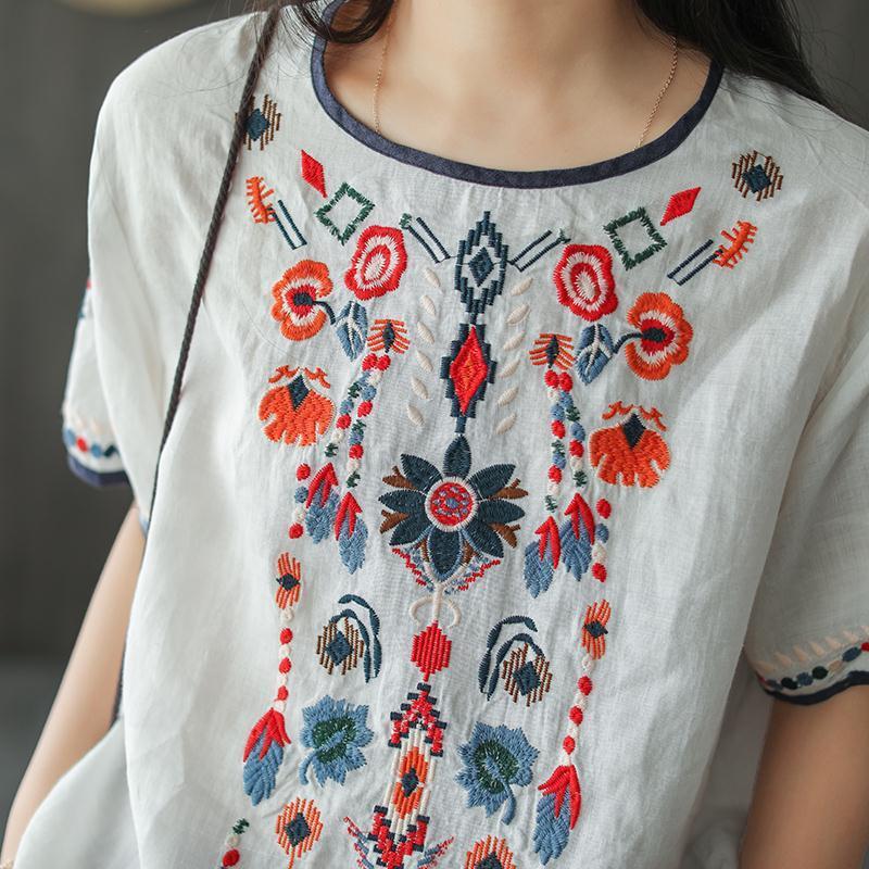 Rosamund | Womens Ethnic Embroidered Cotton Linen Short Sleeve Top - 1