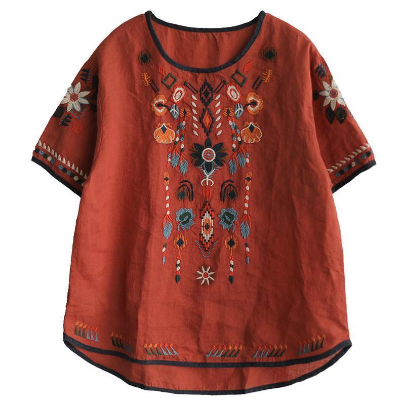 Rosamund | Womens Ethnic Embroidered Cotton Linen Short Sleeve Top - 2