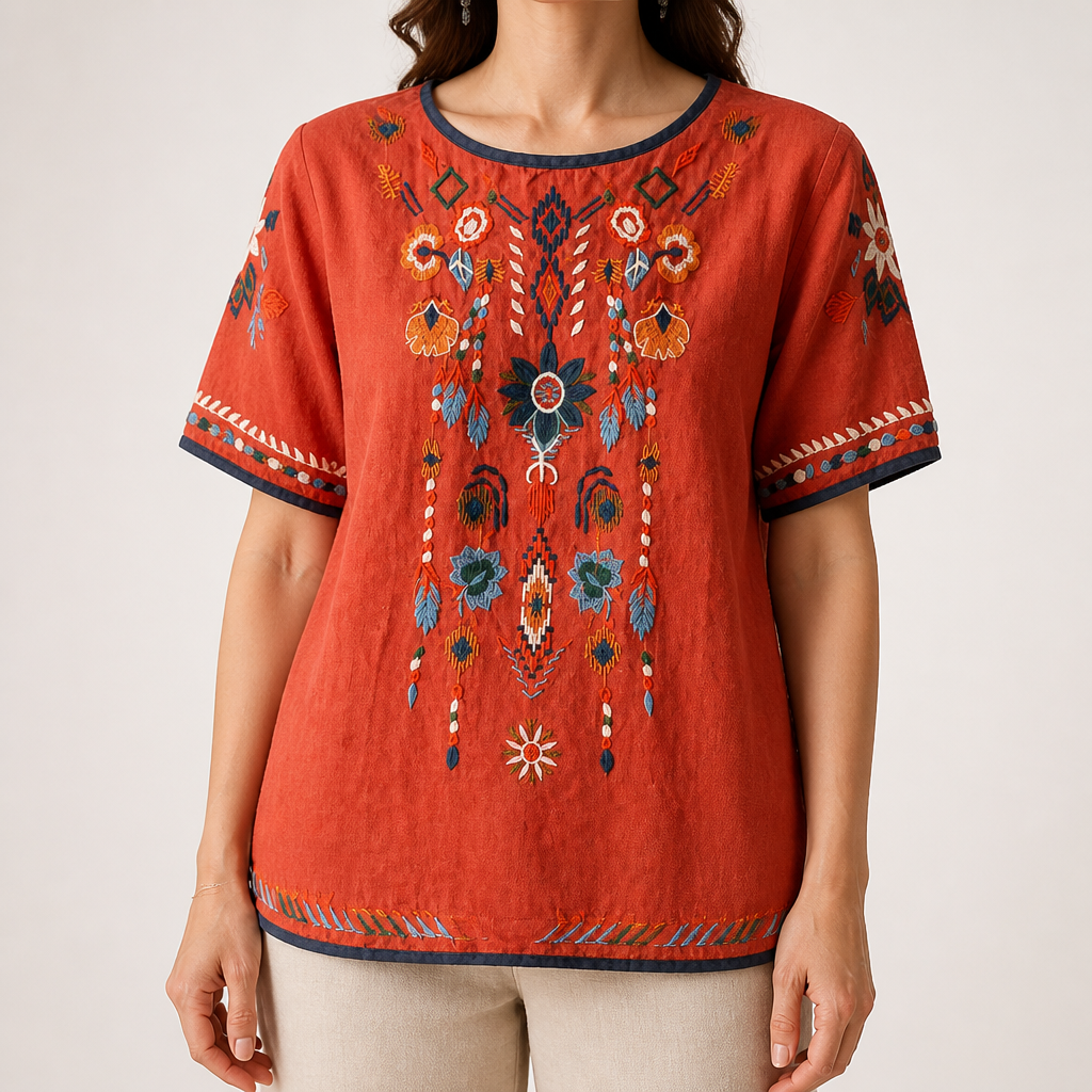 Rosamund | Womens Ethnic Embroidered Cotton Linen Short Sleeve Top, Red