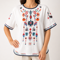 Rosamund | Womens Ethnic Embroidered Cotton Linen Short Sleeve Top, White