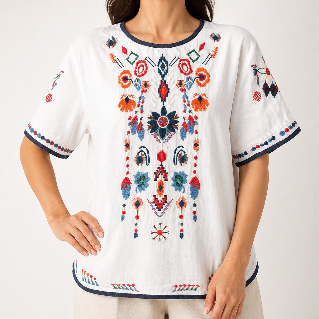 Rosamund | Womens Ethnic Embroidered Cotton Linen Short Sleeve Top, White