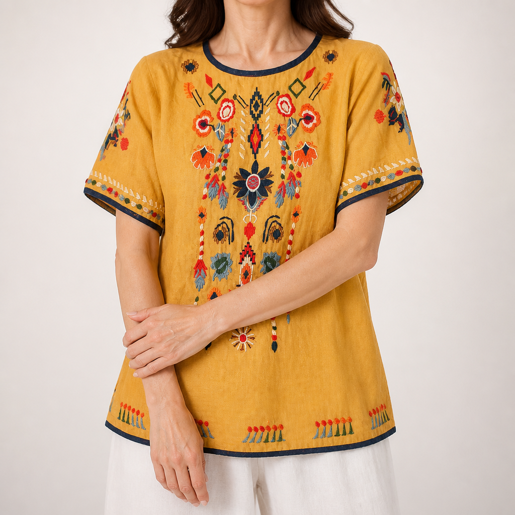 Rosamund | Womens Ethnic Embroidered Cotton Linen Short Sleeve Top, Yellow