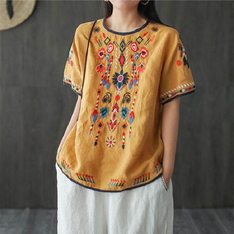 Rosamund | Womens Ethnic Embroidered Cotton Linen Short Sleeve Top - Yellow