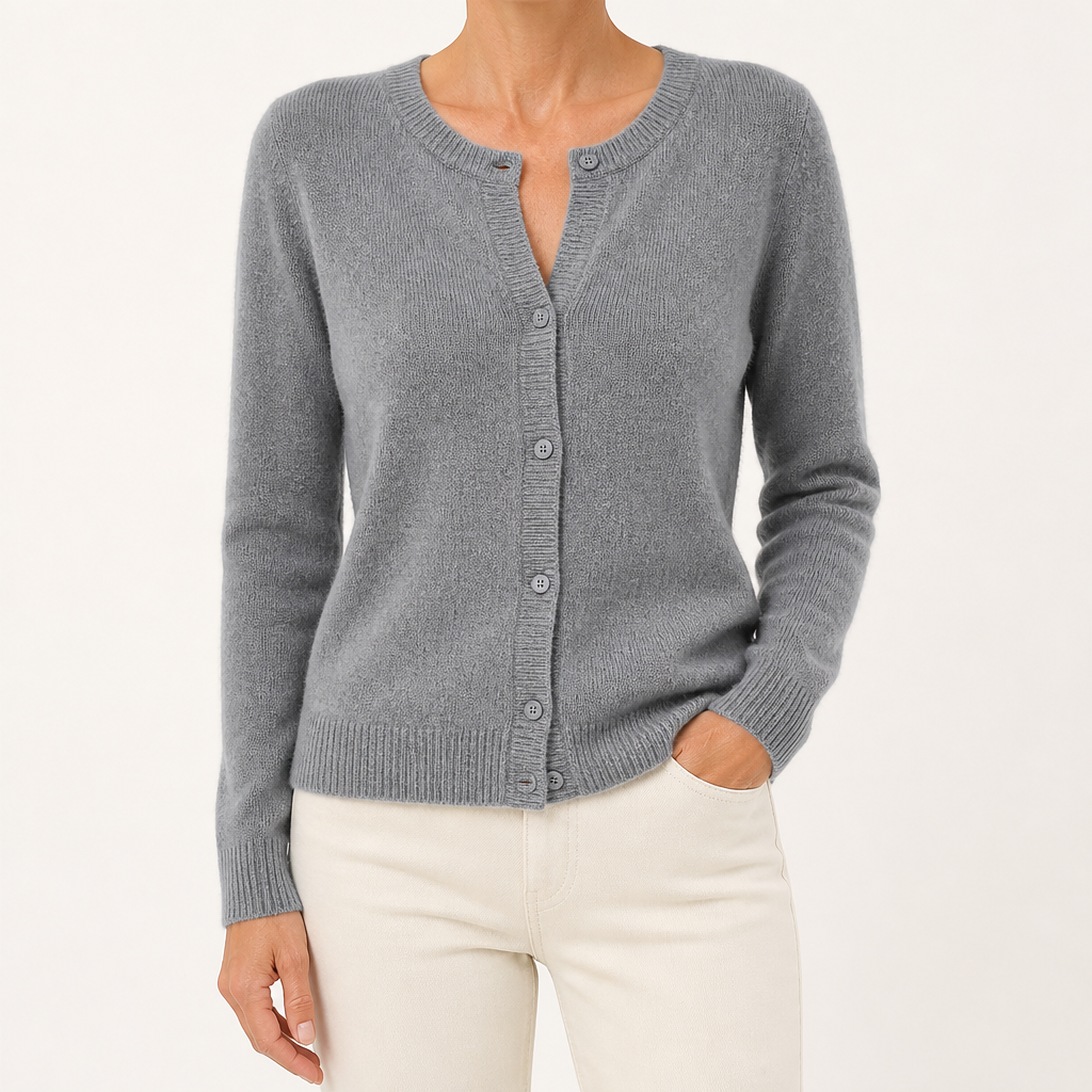 Rowena | Womens Knitted Cardigan Single Breasted Round Neck Jumper Sweater, Grey