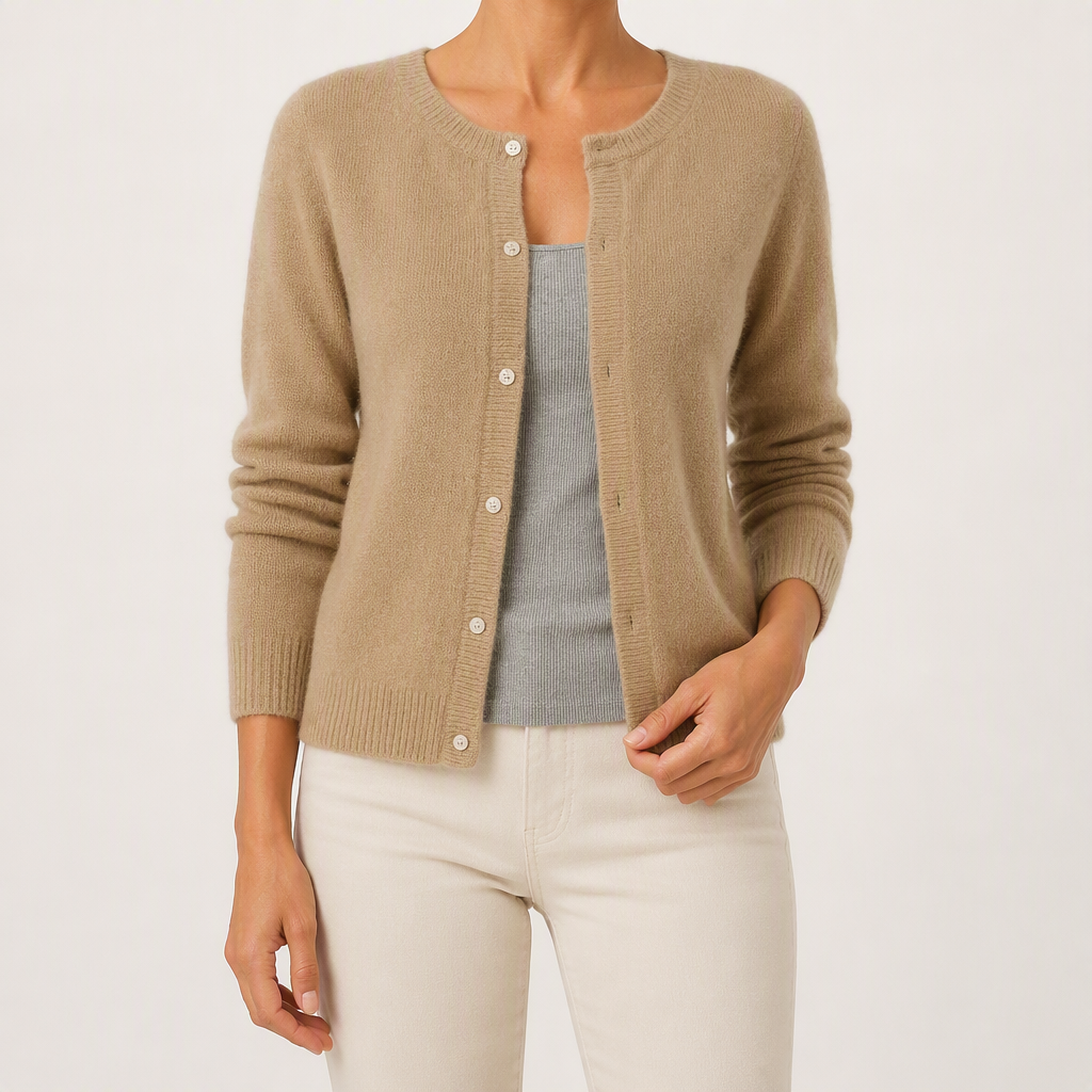Rowena | Womens Knitted Cardigan Single Breasted Round Neck Jumper Sweater, Khaki
