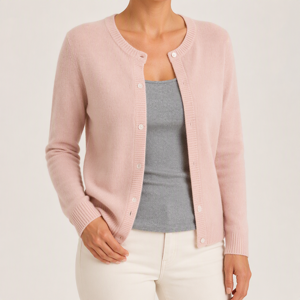 Rowena | Womens Knitted Cardigan Single Breasted Round Neck Jumper Sweater, Pink