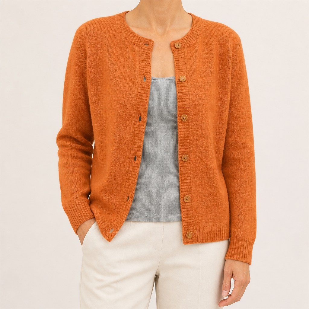 Rowena | Womens Knitted Cardigan Single Breasted Round Neck Jumper Sweater, Pumpkin