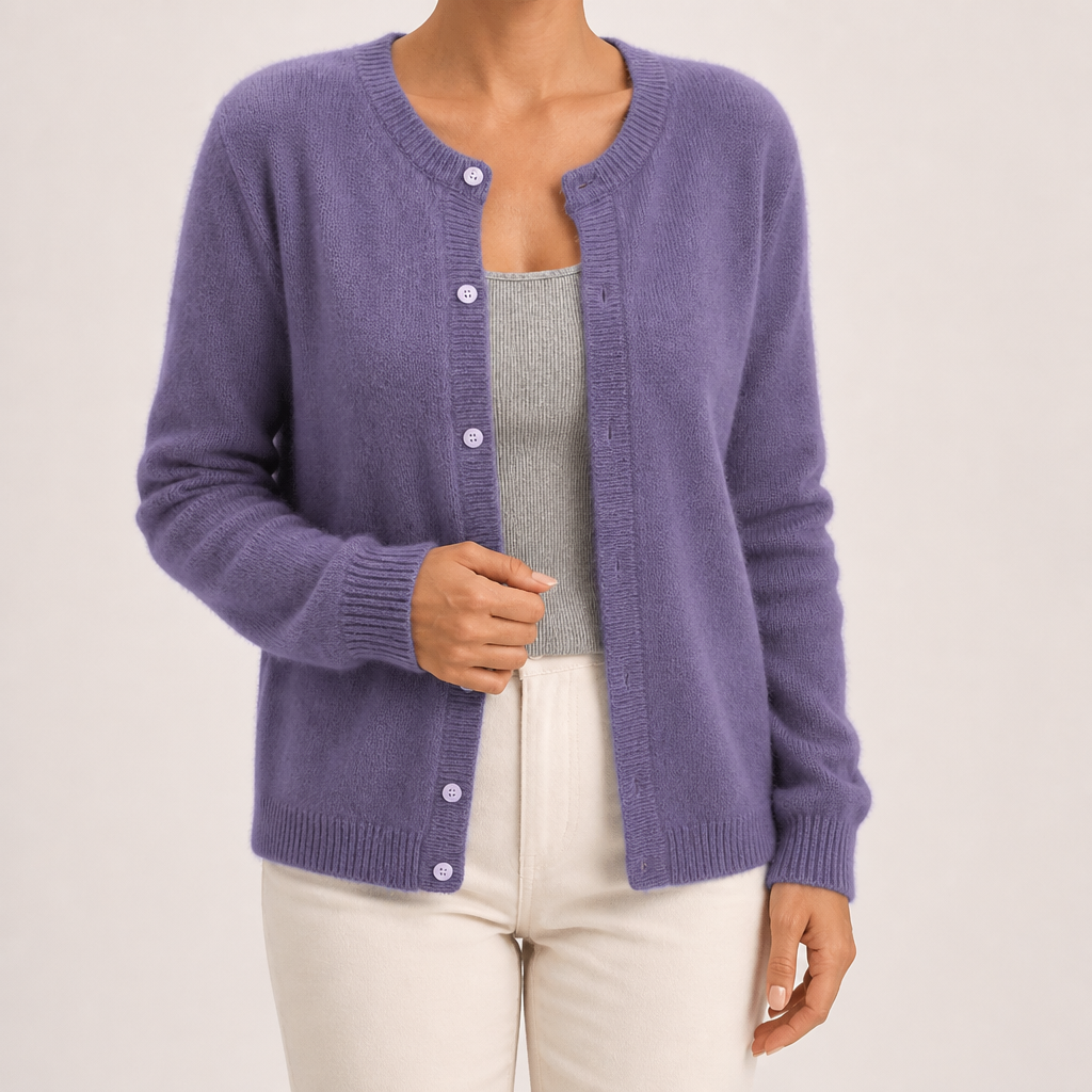 Rowena | Womens Knitted Cardigan Single Breasted Round Neck Jumper Sweater, Purple