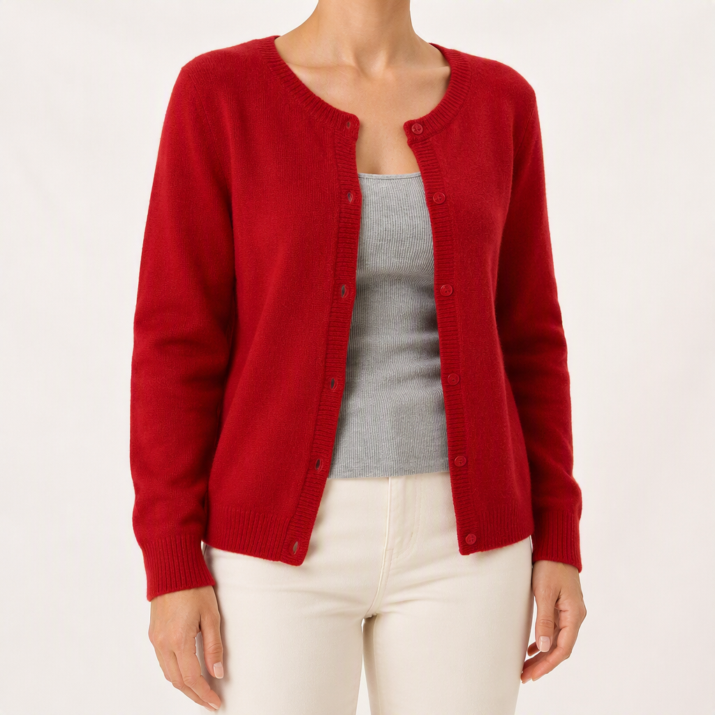 Rowena | Womens Knitted Cardigan Single Breasted Round Neck Jumper Sweater, Red