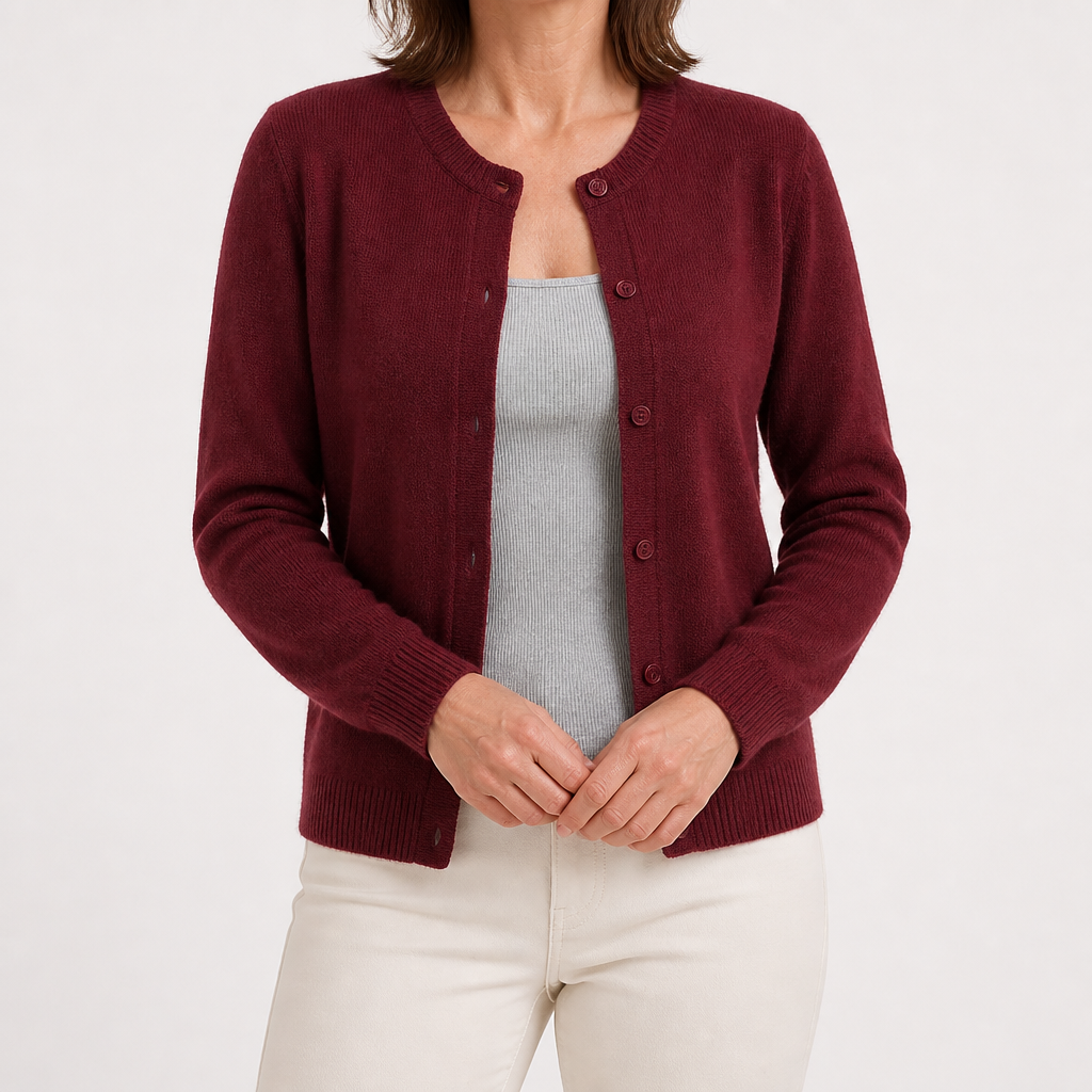 Rowena | Womens Knitted Cardigan Single Breasted Round Neck Jumper Sweater, Wine Red