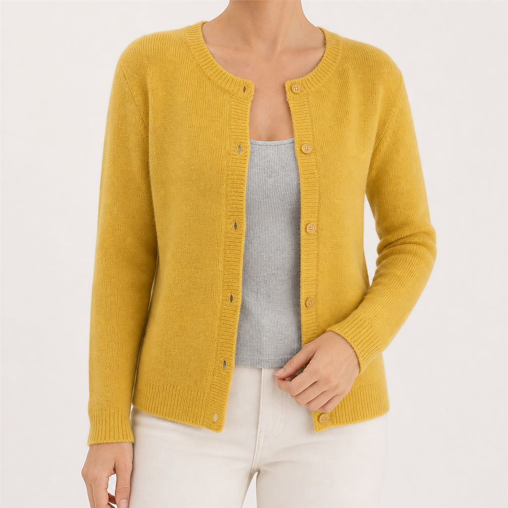 Rowena | Womens Knitted Cardigan Single Breasted Round Neck Jumper Sweater, Yellow