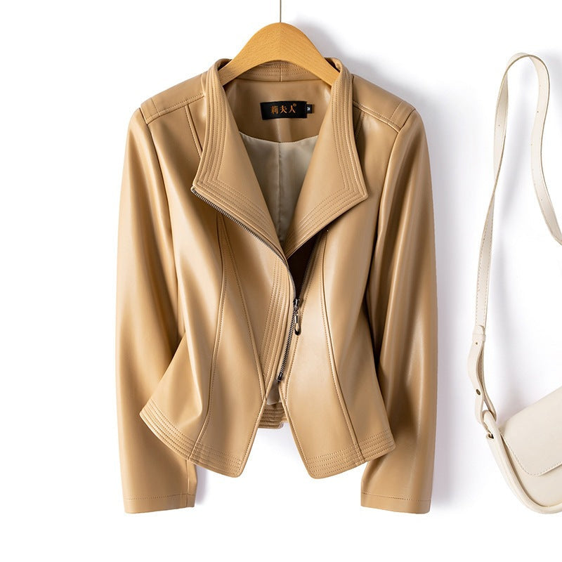 Roxane | Womens Slim Fit Leather Jacket - Apricot