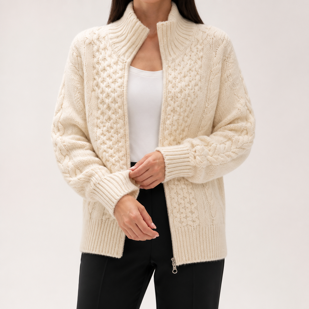 Rufus | Womens Cardigan Knitted Jumper Zip Turtleneck Sweater Jacket, Beige