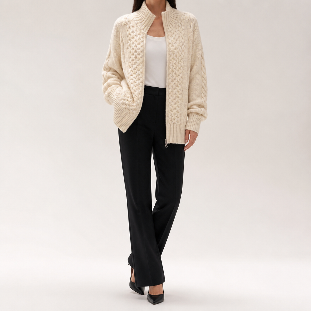 Rufus | Womens Cardigan Knitted Jumper Zip Turtleneck Sweater Jacket, Beige