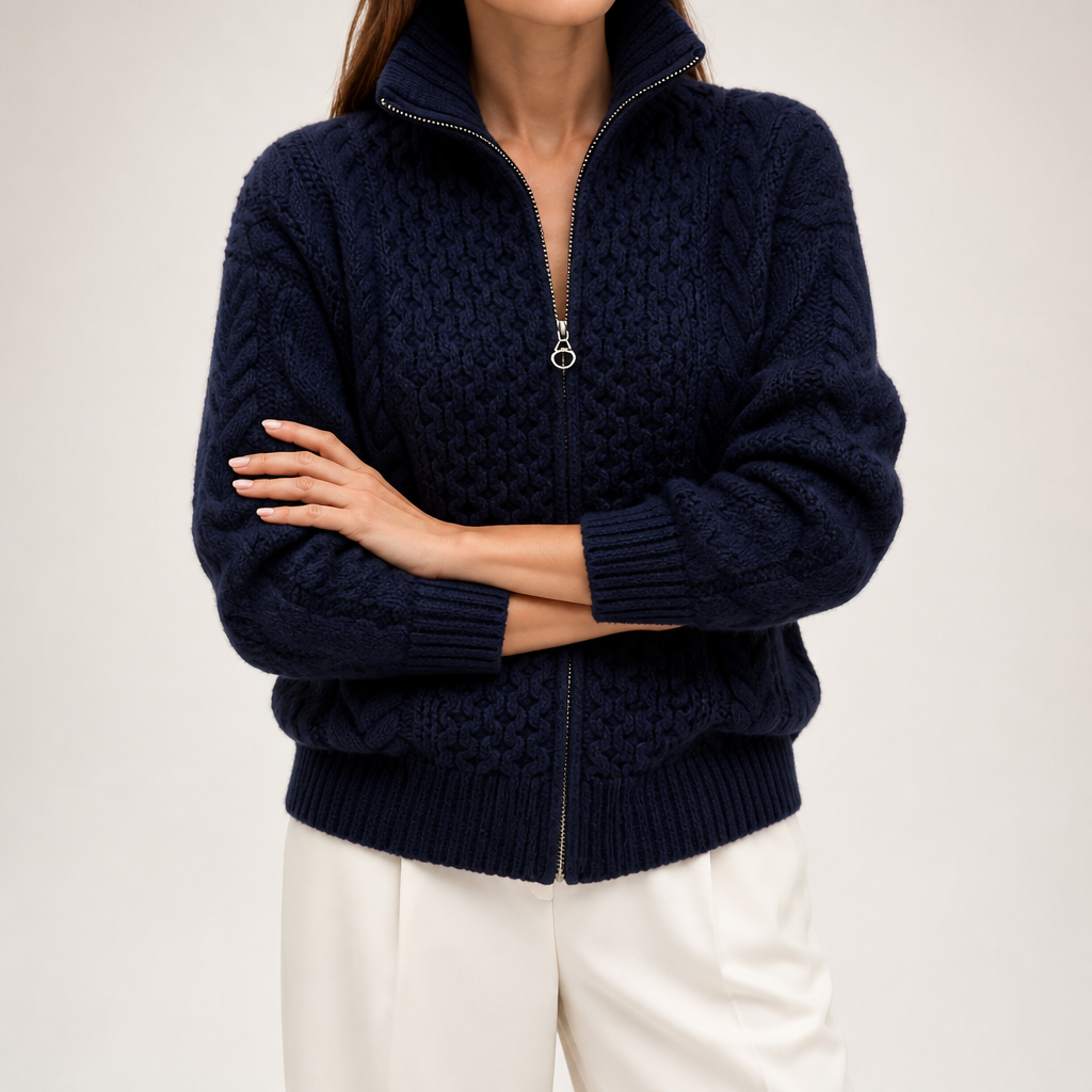 Rufus | Womens Cardigan Knitted Jumper Zip Turtleneck Sweater Jacket, Navy Blue