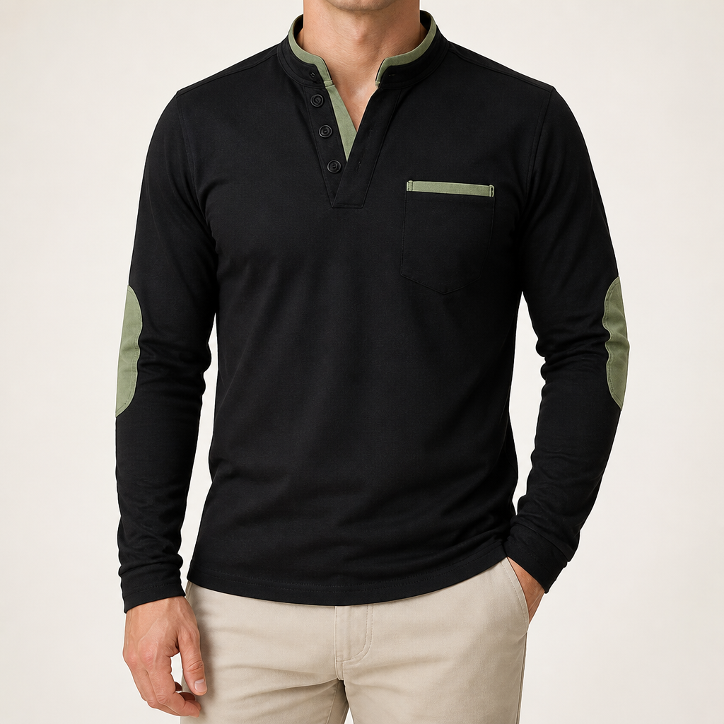 Rupert | Mens Polo Long Sleeve Stand Collar Colour Block Top, Green