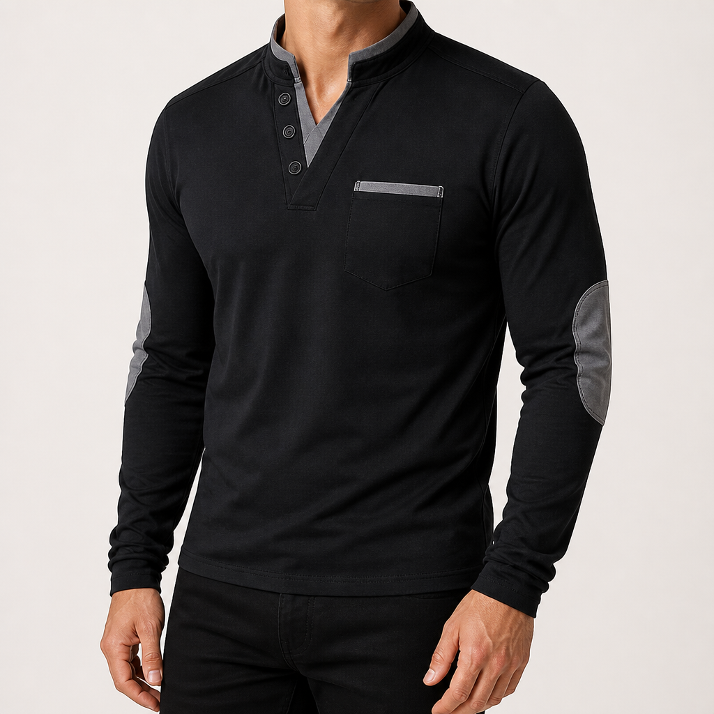 Rupert | Mens Polo Long Sleeve Stand Collar Colour Block Top, Grey