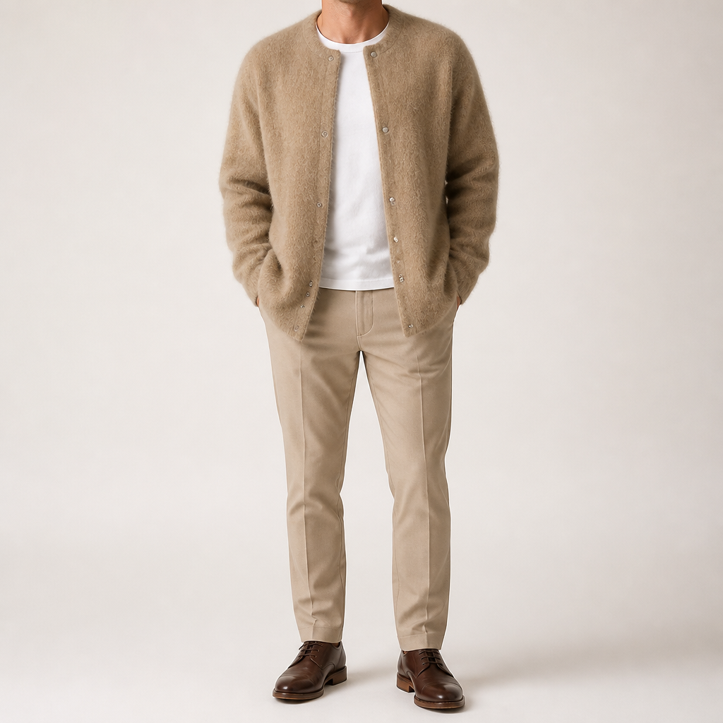 Sabian | Mens Knitted Jumper Soft Loose Casual Sweater, Khaki