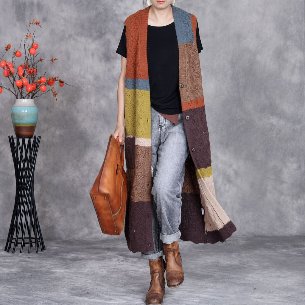 Sabine | Womens Colour Block Knit Longline Sleeveless Cardigan Vest - 1