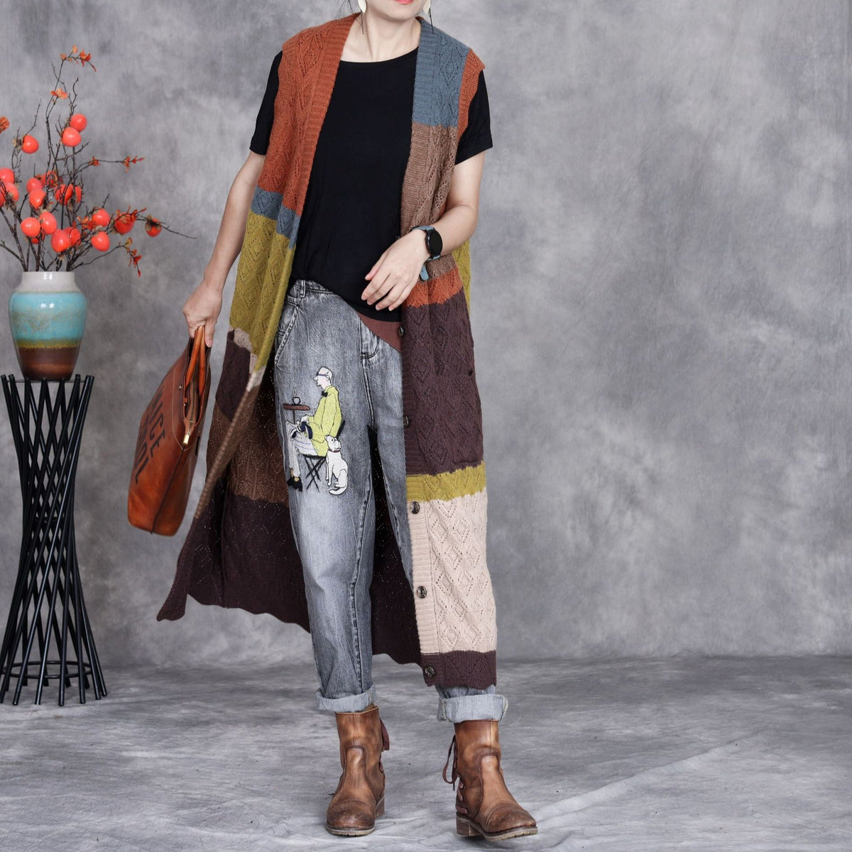 Sabine | Womens Colour Block Knit Longline Sleeveless Cardigan Vest - 2