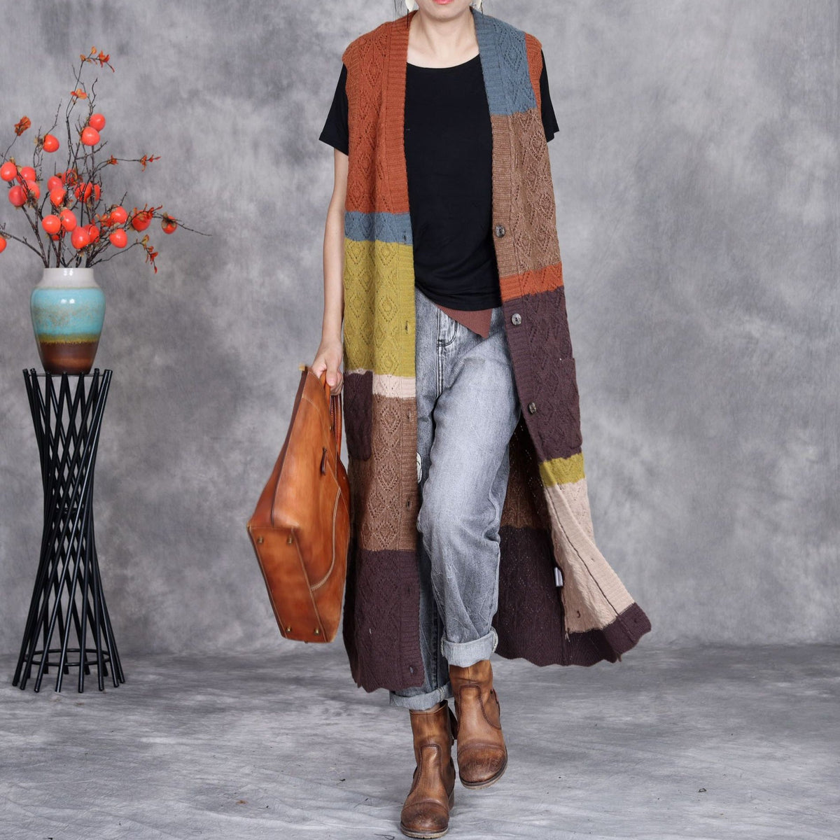 Sabine | Womens Colour Block Knit Longline Sleeveless Cardigan Vest - 5
