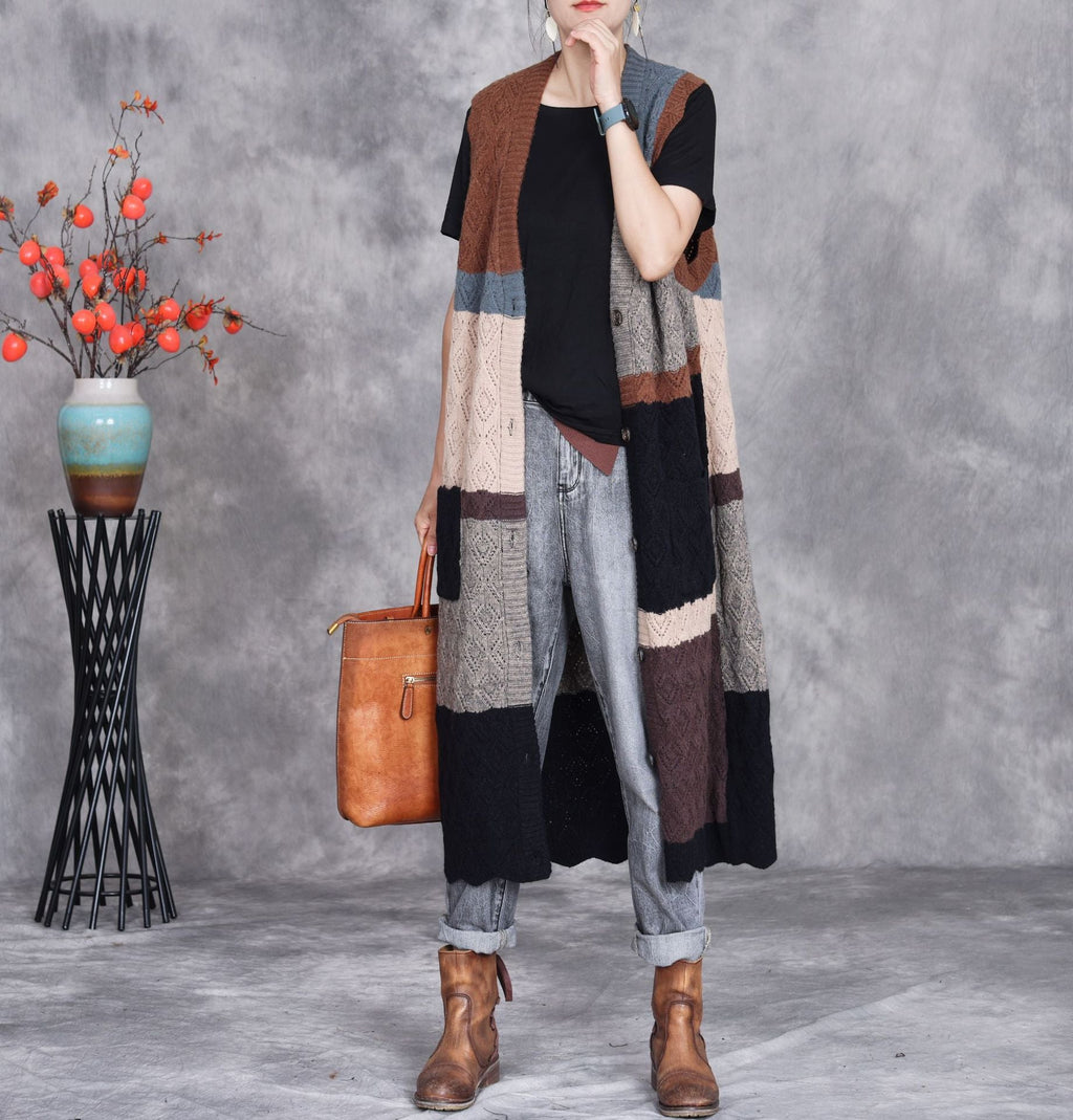 Sabine | Womens Colour Block Knit Longline Sleeveless Cardigan Vest - 7