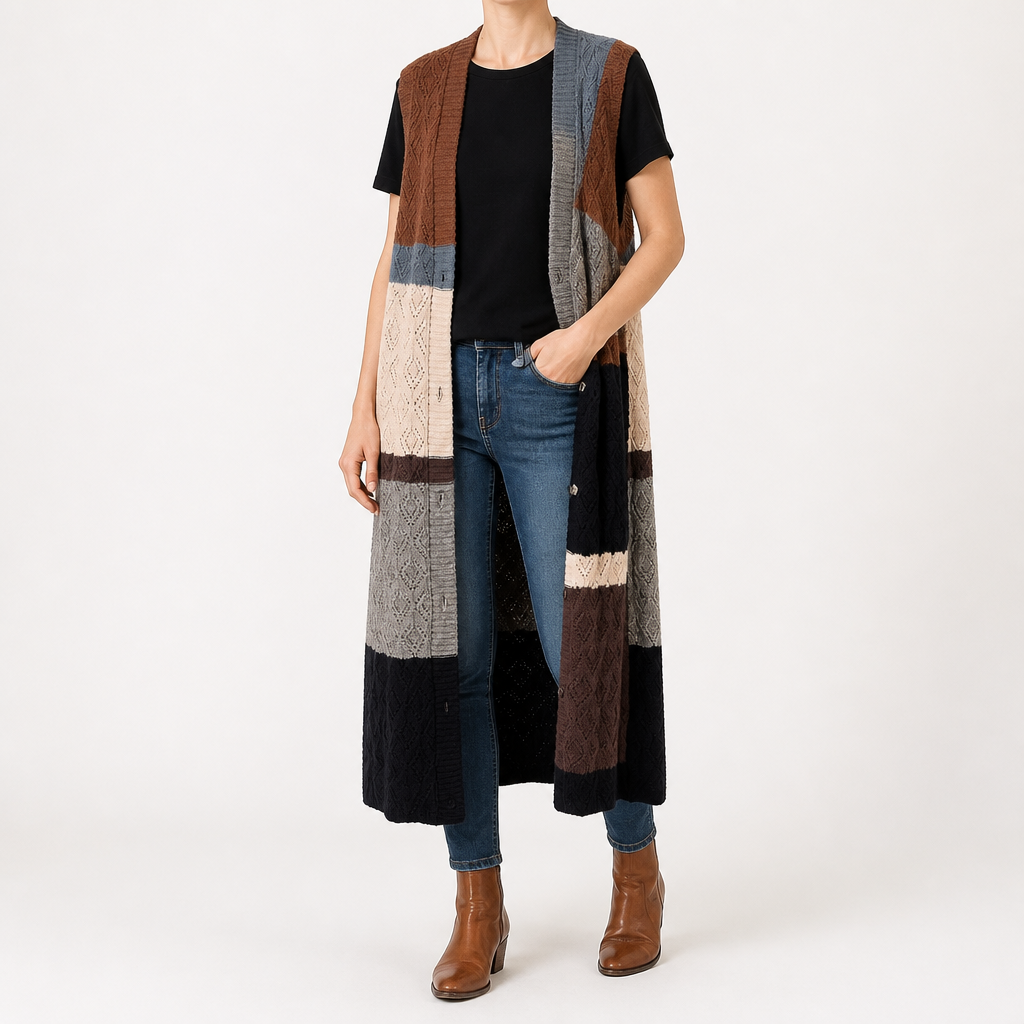 Sabine | Womens Cardigan Longline Knit Colour Block Sleeveless Long Cardigan Vest, Black