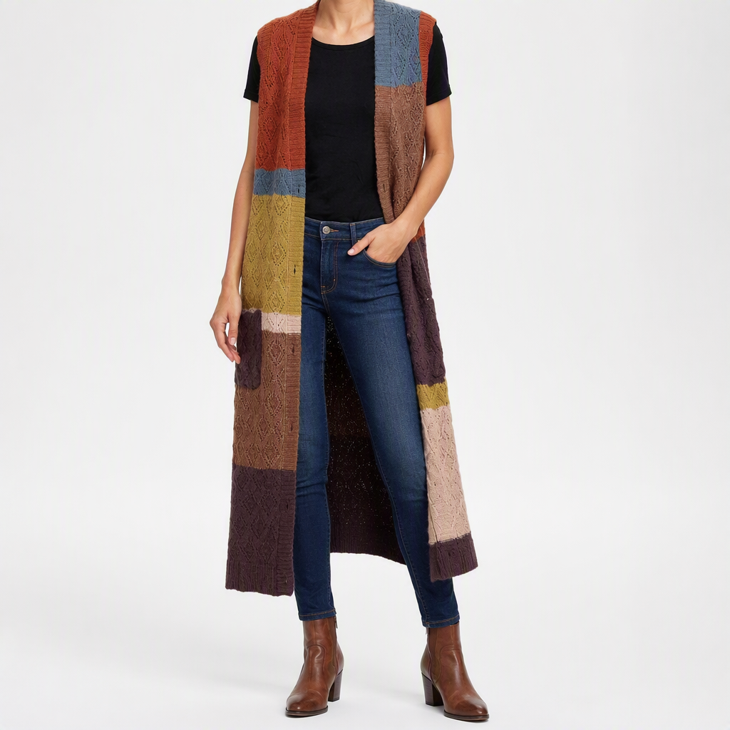 Sabine | Womens Cardigan Longline Knit Colour Block Sleeveless Long Cardigan Vest, Orange