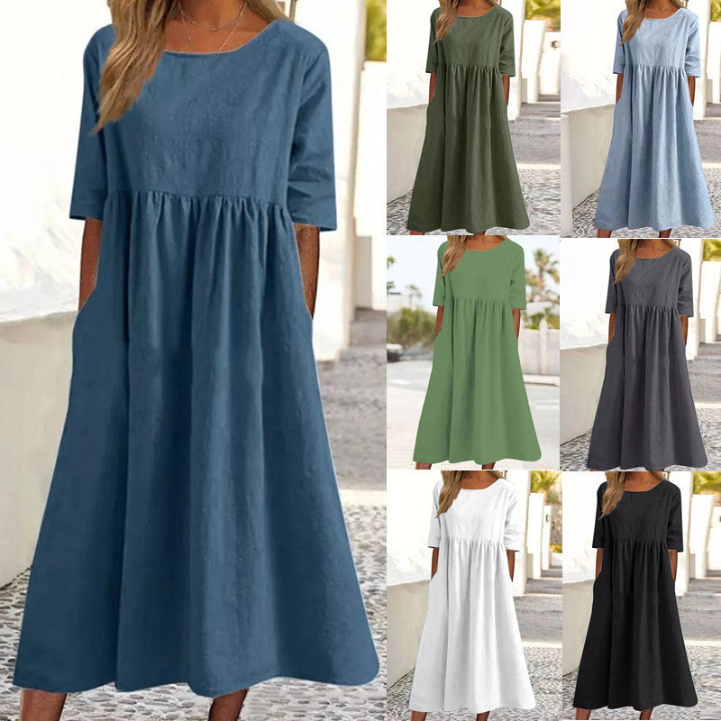 Saoirse | Womens Round Neck Cotton Linen Loose Midi Wedding Guest Summer Dresses - 1