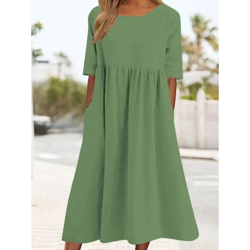 Saoirse | Womens Round Neck Cotton Linen Loose Midi Wedding Guest Summer Dresses - 10