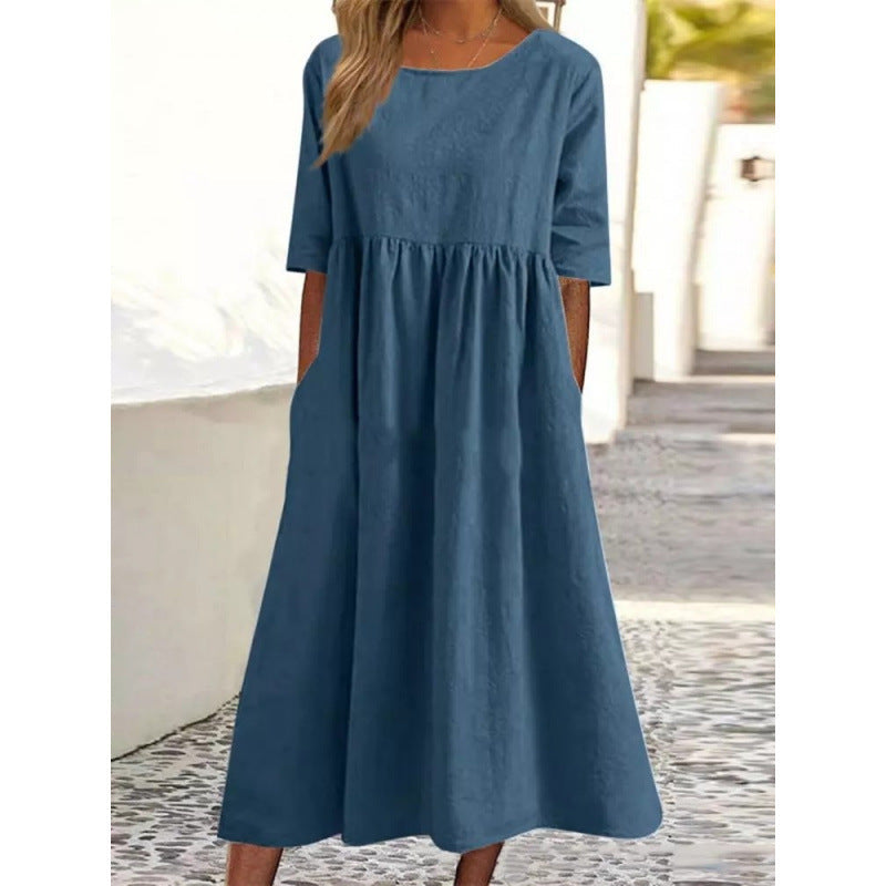 Saoirse | Womens Round Neck Cotton Linen Loose Midi Wedding Guest Summer Dresses - 11