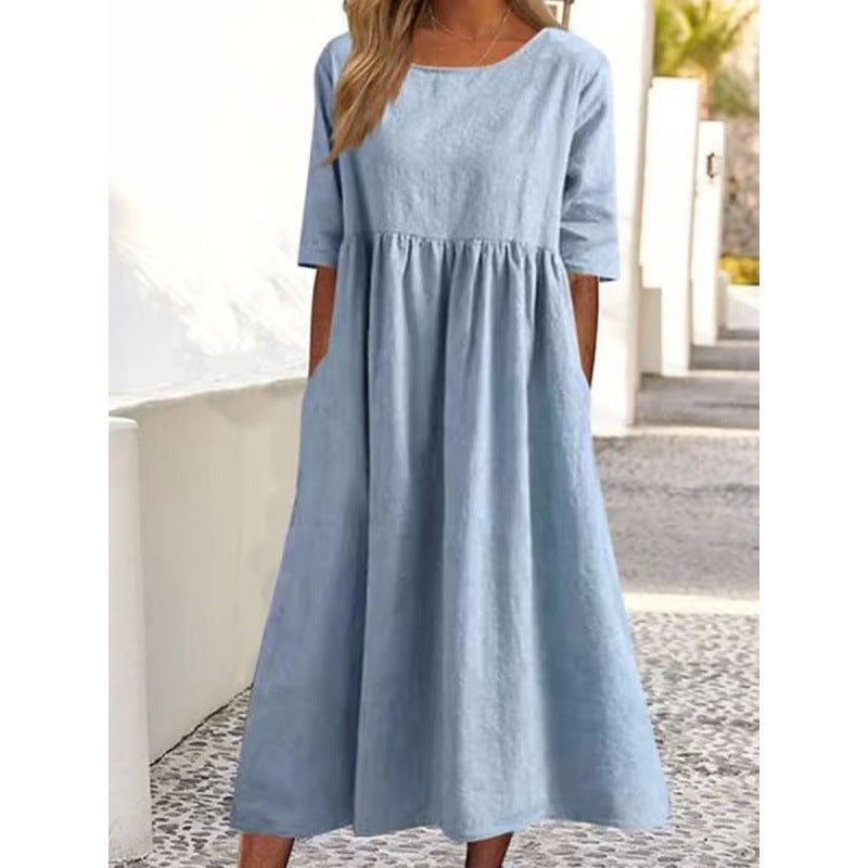 Saoirse | Womens Round Neck Cotton Linen Loose Midi Wedding Guest Summer Dresses - 12
