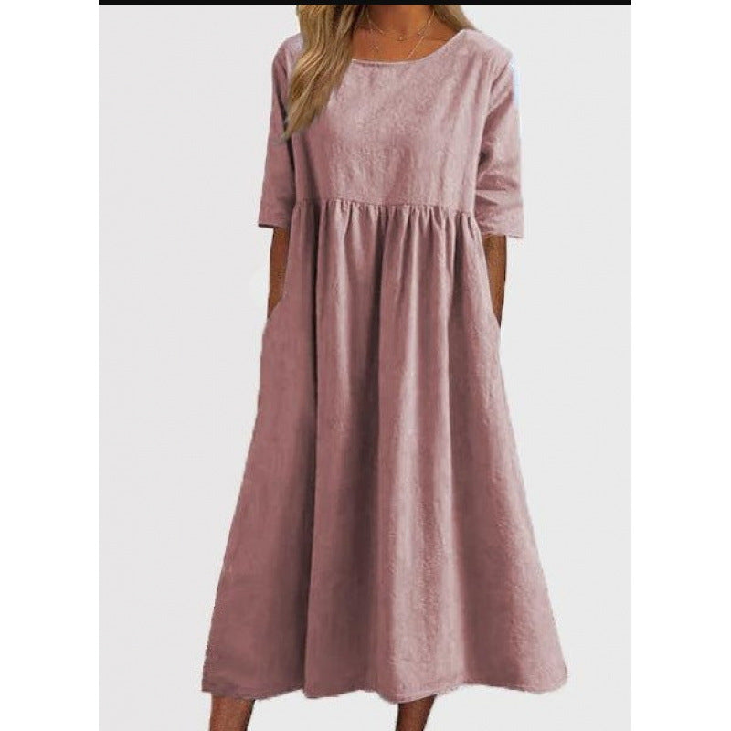 Saoirse | Womens Round Neck Cotton Linen Loose Midi Wedding Guest Summer Dresses - 13