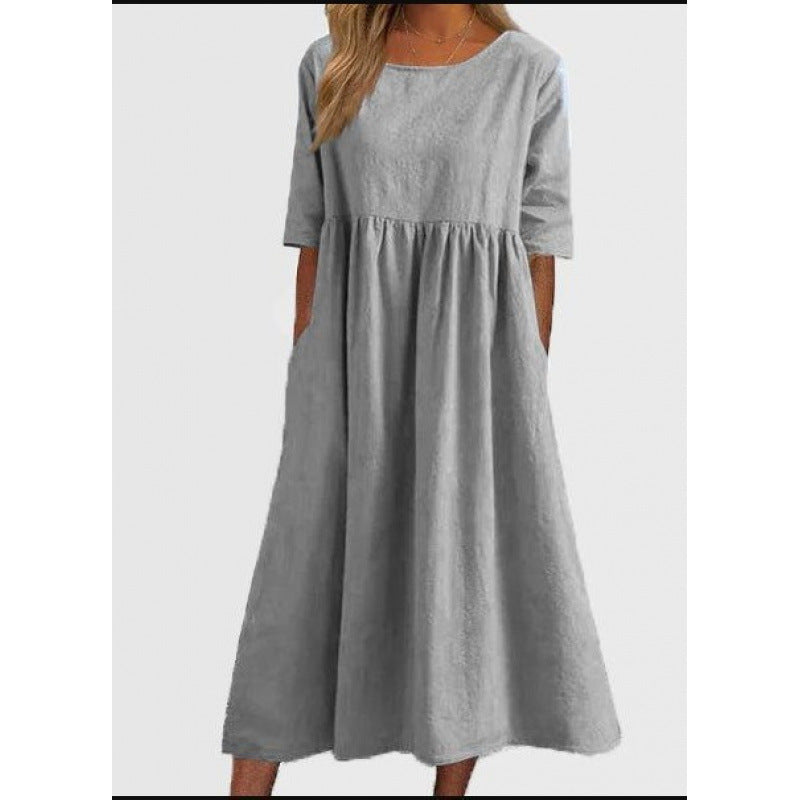 Saoirse | Womens Round Neck Cotton Linen Loose Midi Wedding Guest Summer Dresses - 14